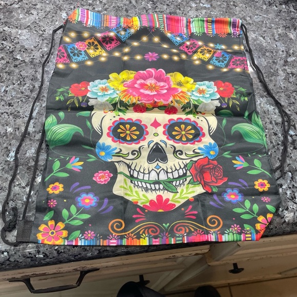 Dia De Los Muertos sugar skull colorful drawstring small backpack / NIP - Picture 5 of 6